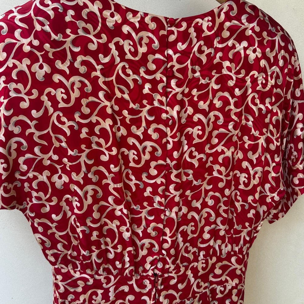 Vintage dress 100% silk red cream print Maggy London by Jeannine Booher S M